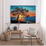 Canvas print Tree at sunset, Tree near the lake at sunset
