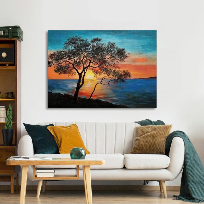 Canvas print Tree at sunset, Tree near the lake at sunset