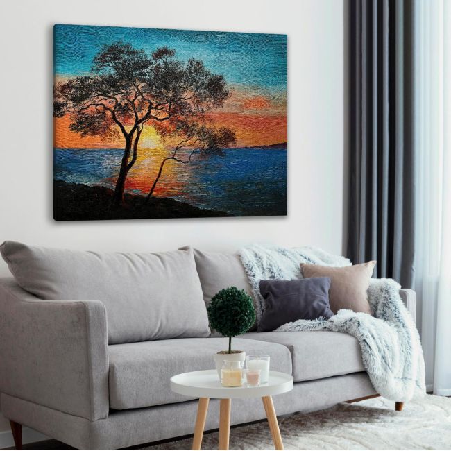Canvas print Tree at sunset, Tree near the lake at sunset