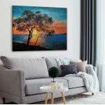 Canvas print Tree at sunset, Tree near the lake at sunset