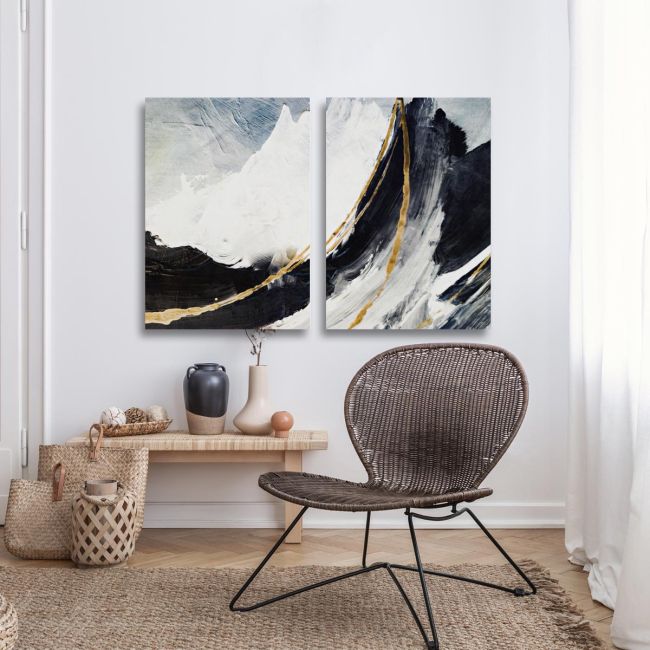 Diptych canvas print with abstract mountains and golden lines in a living room