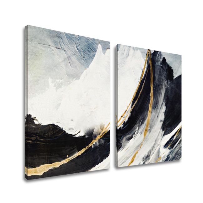 Two-piece canvas art of abstract mountains in white, black with golden lines.