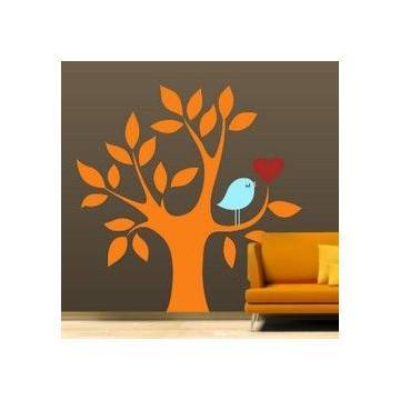 Αυτοκόλλητο τοίχου Δέντρο, καρδιά και πουλί, πορτοκαλί 