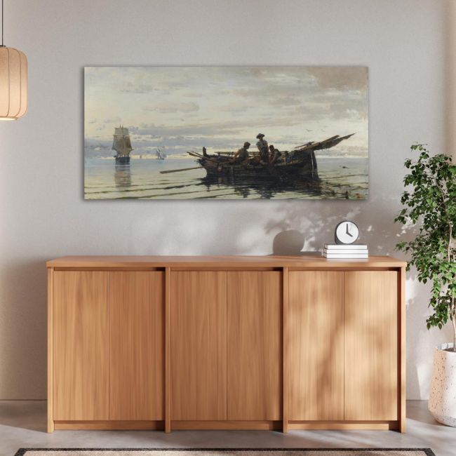 Canvas print Gathering the fishnets, Volanakis panoramic