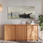 Canvas print Gathering the fishnets, Volanakis panoramic