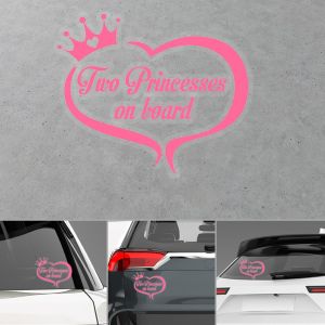 White Two Princesses on board car sticker with heart and crown on grey background 2
