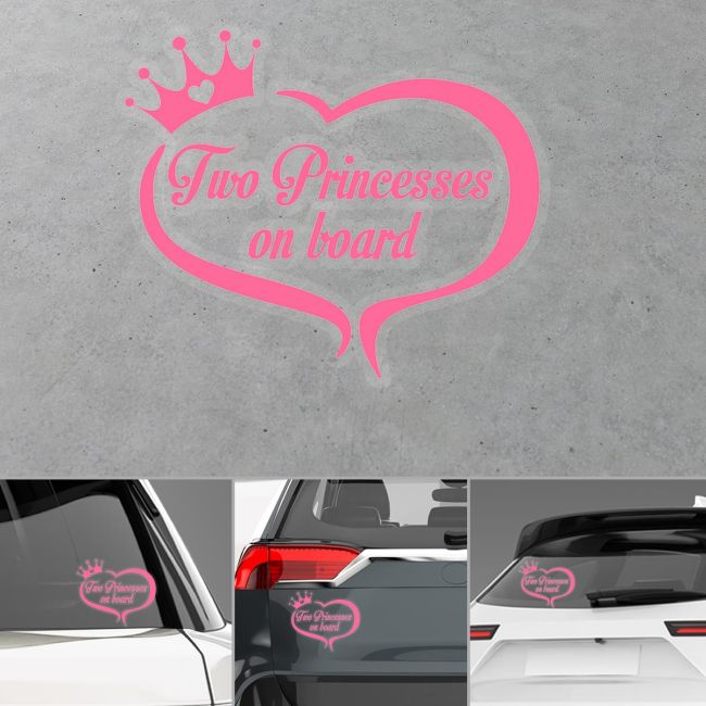 Pink kids car sticker Two Princesses on board with heart and crown on a car window.