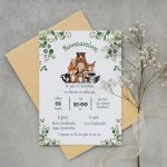 Forest animals baptism invitation in grey background with envelope and flowers