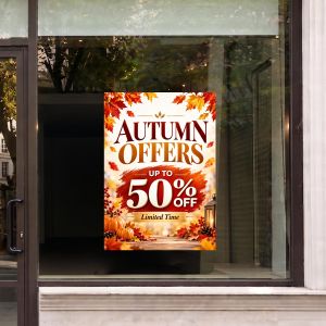 Autumn offers window sticker with 50% discount, fall leaves and pumpkins on a store glass showcase 2