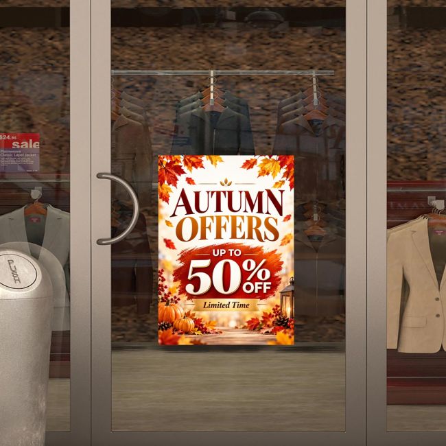 Autumn offers window sticker on glass clothing store door