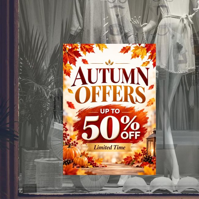 Autumn offers window sticker 50% off on shop glass with leaves and pumpkins