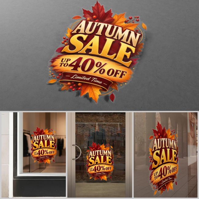 Autumn sale window sticker with gold letters and red leaves on a grey background