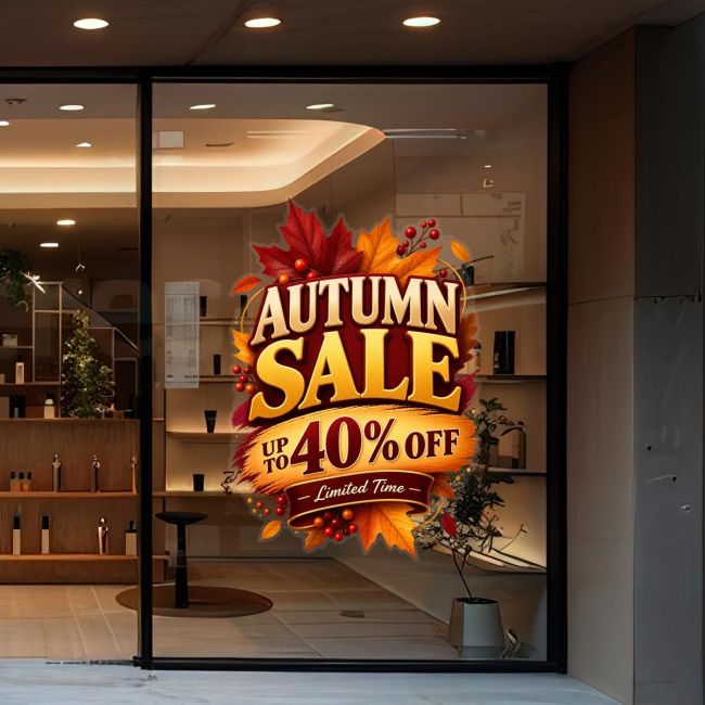 Autumn sale window sticker with leaves on a glass store display.