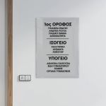 Transparent acrylic store floor directory sign on a white wall with black text.