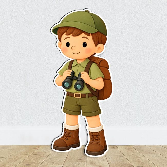 Wooden floor figure small safari explorer with binoculars on white wall