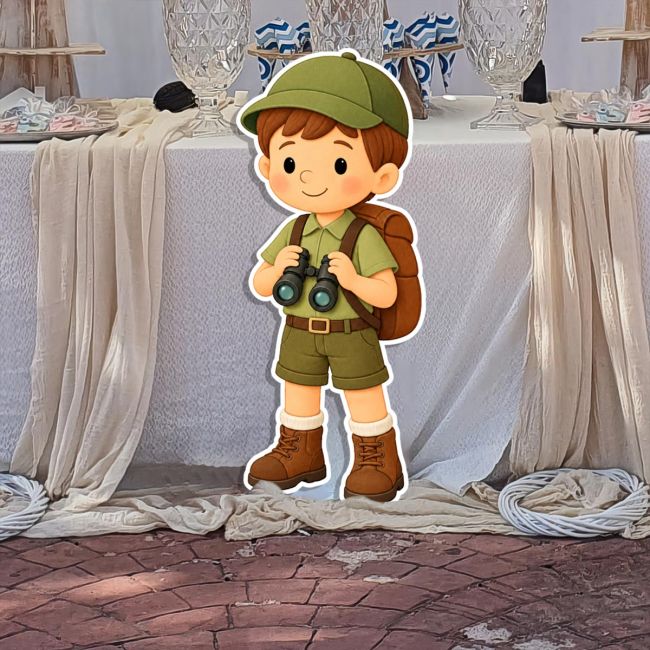 Wooden floor figure little safari explorer in front of a table with a white tablecloth.
