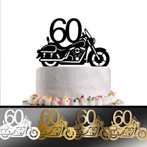 Cake topper with motorcycle and number 60, placed on a white cake.