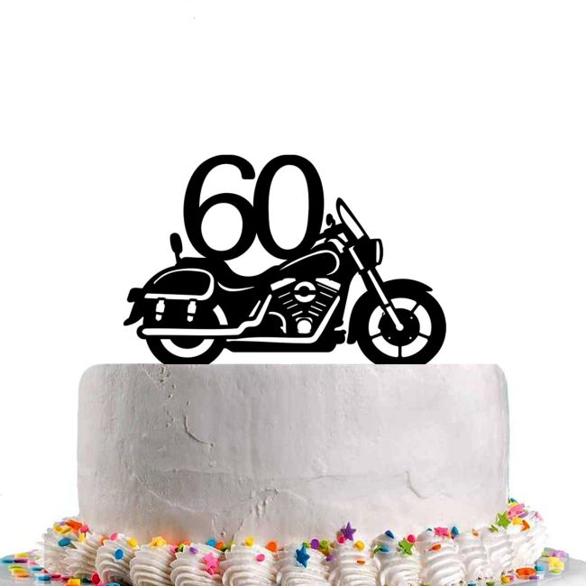 Black motorcycle cake topper with number 60 on white cake