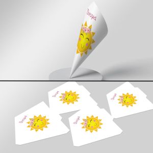 Candy cones Sun with flowers, on a white circular podium with gray background. 2
