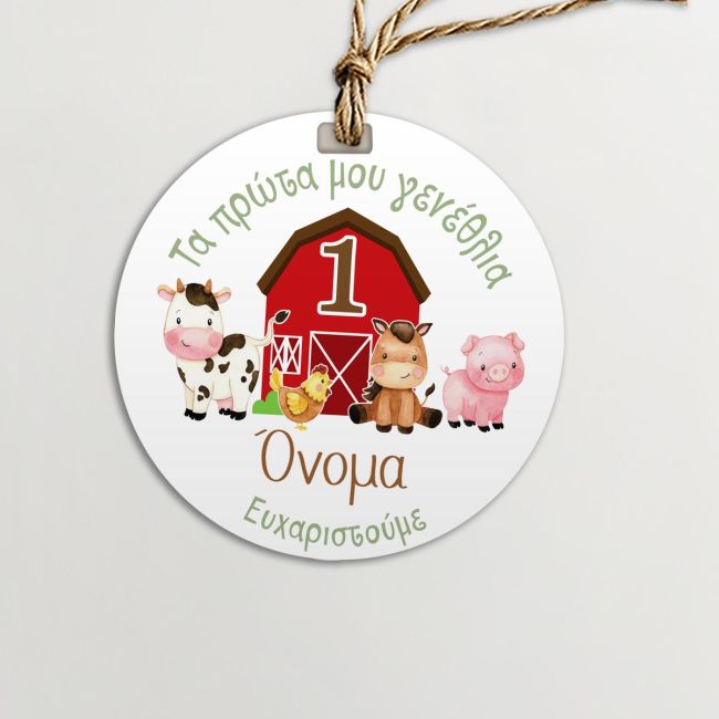 Round thank you tags, farm animals with red barn and hanging twine on white background