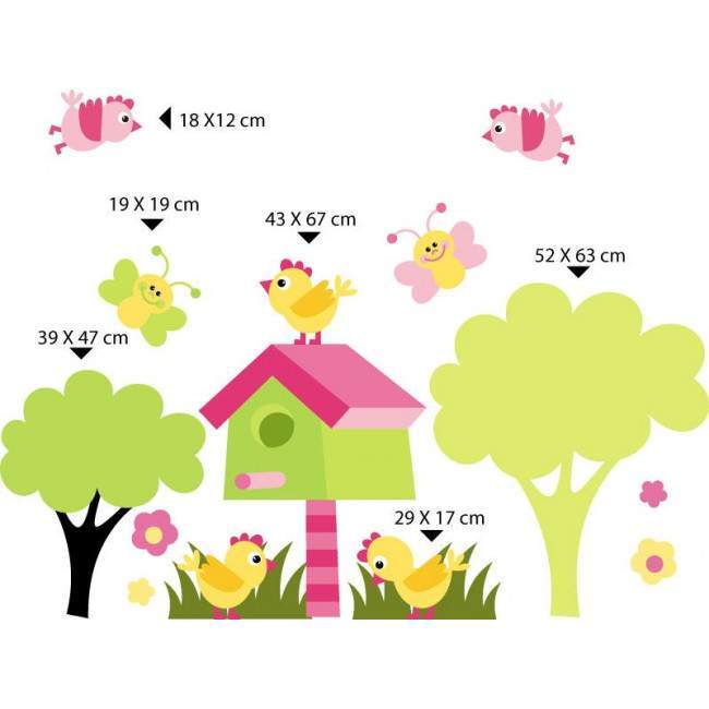 Kids wall stickers butterflies, birds, bird houses and flowers, large collection