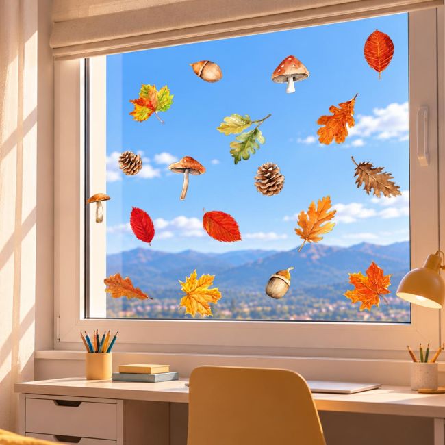 Autumn leaves wall stickers on white office window with mountain view.