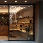 Λευκό αυτοκόλλητο βιτρίνας με ιστό αράχνης και κρεμαστές αράχνες σε κατάστημα.