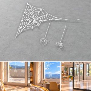 White Halloween spider web sticker on grey wall and glass shop window