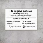 Medical clinic plexiglass sign with printed logo and hours on wall
