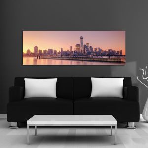 Πίνακας σε καμβά New York city skyline, pink sunset, πανοραμικός