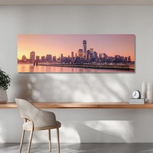 Πίνακας σε καμβά New York city skyline, pink sunset, πανοραμικός 2