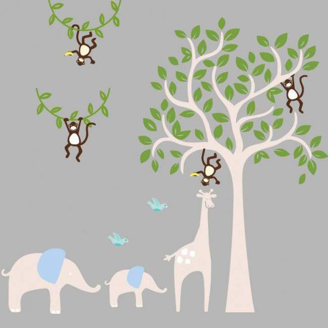 Kids wall stickers Tree with giraffe, elephants and monkeys, combination 2