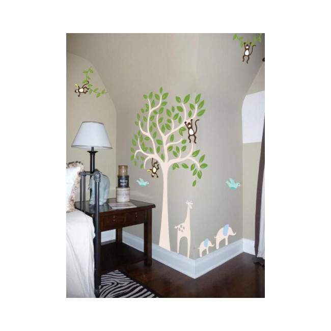 Kids wall stickers Tree with giraffe, elephants and monkeys, combination 2