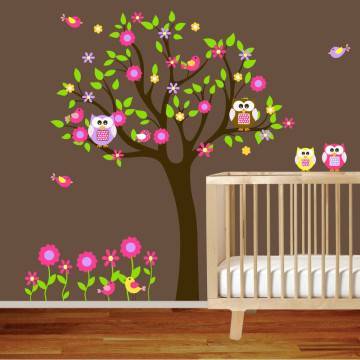 Αυτοκόλλητα τοίχου παιδικά δέντρο, κουκουβάγιες, λουλούδια και πουλάκια, Happy owls, εναλλακτικά χρώματα 3