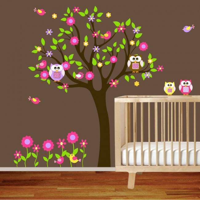 Kids wall stickers tree, owls, flowers and birds, Happy owls,  art 3