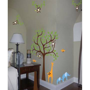 Kids wall stickers Tree with giraffe, little elephants and monkeys art4