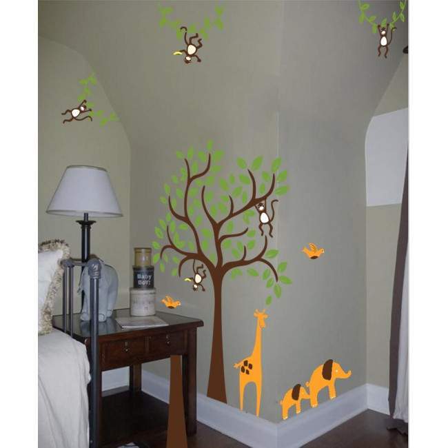 Kids wall stickers Tree with giraffe, little elephants and monkeys, art 5