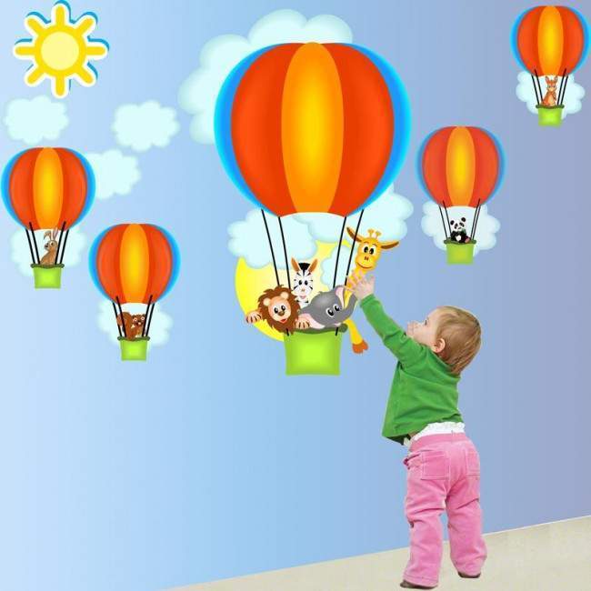 Kids wall stickers Hot air balloons, animals (light blue)