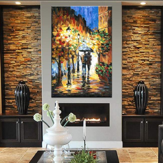 Canvas print Couple rain walk