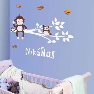 Kids wall stickers monkey, owl and birds, Hello! (Brown)