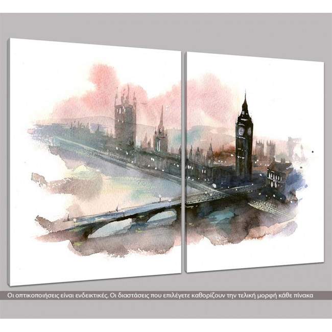 London (watercolors), δίπτυχος  πίνακας σε καμβά, κοντινό
