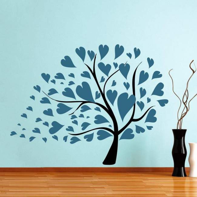 Αυτοκόλλητο τοίχου δέντρο με φύλλα καρδιές, πετρολ