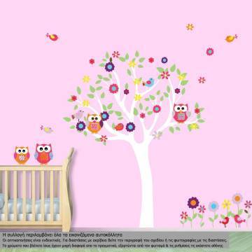 Αυτοκόλλητα τοίχου παιδικά δέντρο, κουκουβάγιες, λουλούδια και πουλάκια, Happy owls,  ανοιχτόχρωμος κορμός
