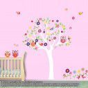 Kids wall stickers tree, owls, flowers and birds, Happy owls, light trunk