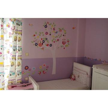 Kids wall stickers tree, owls, flowers and birds, Happy owls, light trunk 2