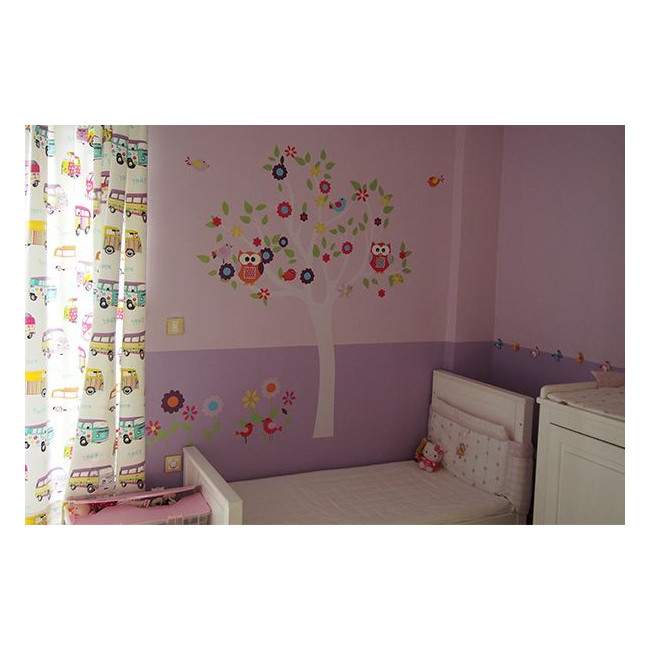 Kids wall stickers tree, owls, flowers and birds, Happy owls, light trunk