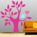 Αυτοκόλλητο τοίχου Δέντρο, καρδιά και πουλί, λιλά