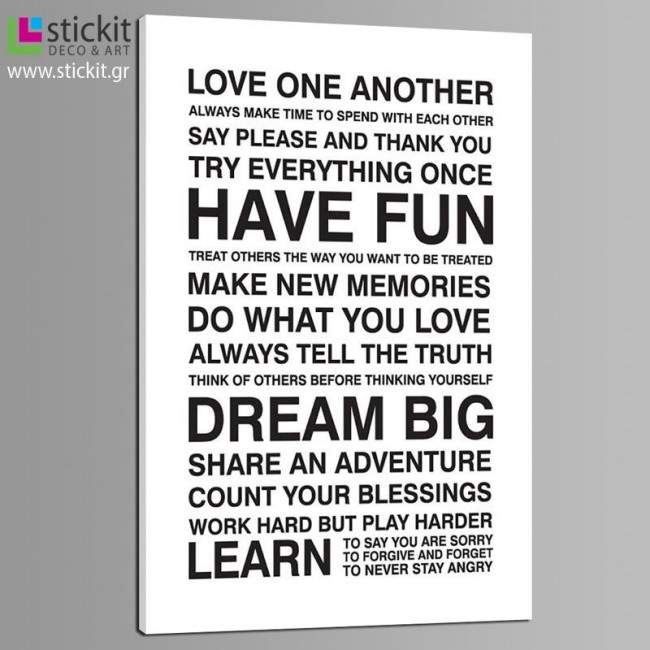 Canvas print Love one another, house rules, side