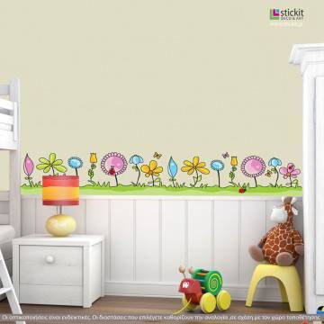 Μπορντούρα αυτοκόλλητο τοίχου, Λουλούδια, πεταλούδες και πασχαλίτσες, Ανθισμένο λιβάδι 