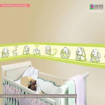 Μπορντούρα αυτοκόλλητο τοίχου, Κουνελάκια παντού apple green 